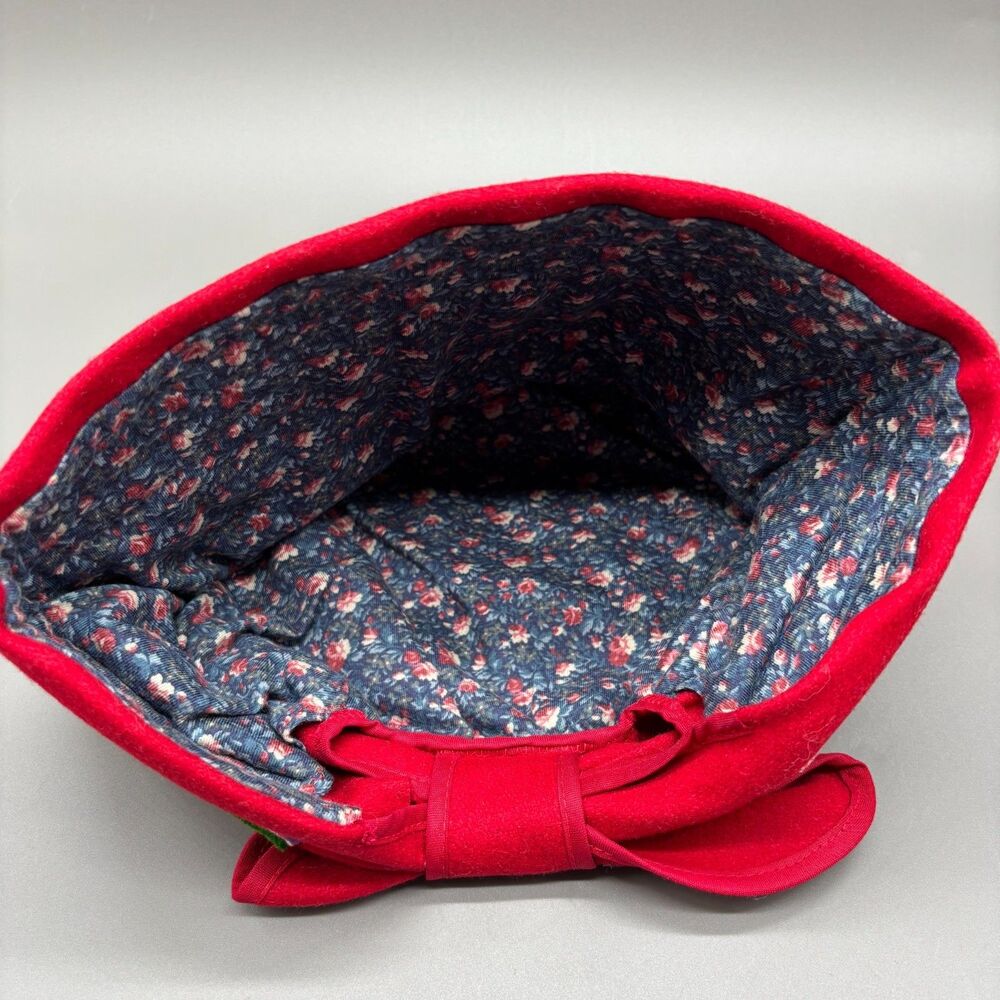 Vintage Scandinavian Folk Hat Red Wool Bonnet Floral Trim Lining Ladies Cap - Picture 5 of 8